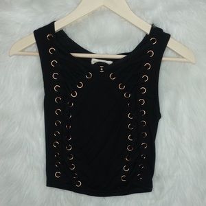 Black Semi Crop Top/ with gold metal detailing.